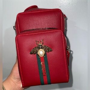 Red Bee Embellished Crossbody Pouch with Green-Red Stripe Fashion Bag